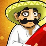 En tecknad man med en sombrero håller en stor röd chilipeppar mot en guldfärgad bakgrund