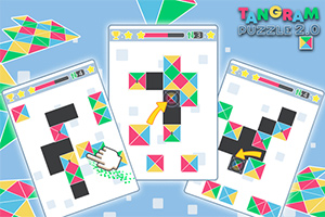 Flera färgglada tangram-pussel visas på en blå bakgrund med pilar och handikoner som pekar på specifika delar av pusslen