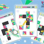 Flera färgglada tangram-pussel visas på en blå bakgrund med pilar och handikoner som pekar på specifika delar av pusslen