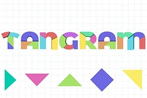 Färgglada geometriska former bildar ordet TANGRAM på ett rutnät med trianglar, fyrkant och parallellogram nedanför