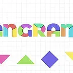 Färgglada geometriska former bildar ordet TANGRAM på ett rutnät med trianglar, fyrkant och parallellogram nedanför