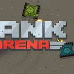 Pixelgrafik av fyra stridsvagnar i olika färger på en grå bakgrund med texten TANK ARENA i mitten