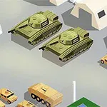 Två gröna stridsvagnar, flera militära fordon och tält i ett militärläger