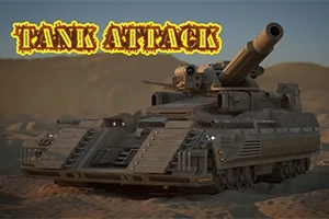En futuristisk stridsvagn i en ökenmiljö med texten Tank Attack ovanför