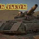 En futuristisk stridsvagn i en ökenmiljö med texten Tank Attack ovanför