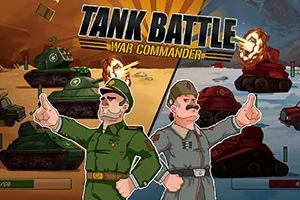 Två tecknade militärbefäl i fokus med gröna och röda stridsvagnar i bakgrunden samt texten Tank Battle War Commander högst upp