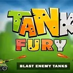 Färgglad text med orden Tank Fury ovanför två tecknade stridsvagnar som skjuter projektiler mot varandra