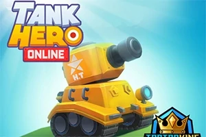 Tecknad gul tank med kanon på en blå bakgrund, med texten Tank Hero Online i det övre vänstra hörnet