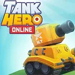Tecknad gul tank med kanon på en blå bakgrund, med texten Tank Hero Online i det övre vänstra hörnet