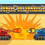 Två tecknade stridsvagnar, en röd och en blå, som skjuter projektiler mot varandra framför en explosion, med titeln Tank Rumble ovanför