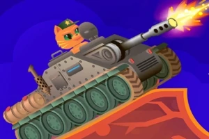 En tecknad katt kör en stridsvagn som skjuter ett projektil med eldsflammor mot en blå bakgrund