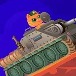 En tecknad katt kör en stridsvagn som skjuter ett projektil med eldsflammor mot en blå bakgrund