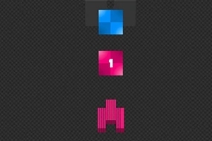 En blå fyrkant, en rosa ruta med siffran 1 och en rosa pixelrymdskepp på en mörk bakgrund