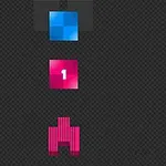 En blå fyrkant, en rosa ruta med siffran 1 och en rosa pixelrymdskepp på en mörk bakgrund