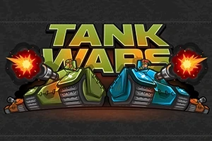 Två tecknade stridsvagnar, en grön och en blå, avfyrar sina kanoner med eldflammor framför texten Tank Wars
