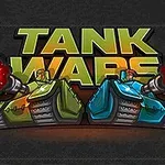 Två tecknade stridsvagnar, en grön och en blå, avfyrar sina kanoner med eldflammor framför texten Tank Wars