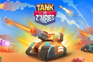 Tecknad stridsvagn som skjuter projektiler i en färgglad ökenmiljö med texten Tank 3D Zombies ovanför