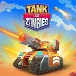 Tecknad stridsvagn som skjuter projektiler i en färgglad ökenmiljö med texten Tank 3D Zombies ovanför