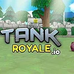 Tecknat landskap med ett rosa kamouflagefärgat tankfordon och texten TANK ROYALE i förgrunden