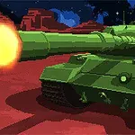 En grön stridsvagn avfyrar en kanon på en röd öken med en stjärnklar himmel i bakgrunden