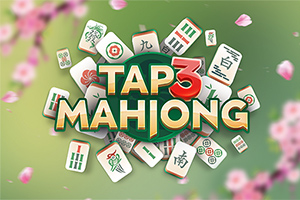 Texten Tap 3 Mahjong omgiven av spelbrickor på en grön bakgrund med rosa blommor
