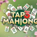 Texten Tap 3 Mahjong omgiven av spelbrickor på en grön bakgrund med rosa blommor