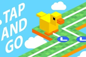 En gul, fyrkantig fågel står på en rutnätväg mot en blå himmel med texten TAP AND GO
