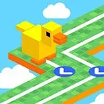 En gul, fyrkantig fågel står på en rutnätväg mot en blå himmel med texten TAP AND GO