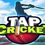 Silhuetten av en kricketspelare med en fladdermus ovanför texten TAP CRICKET på en röd boll mot en himmel med moln