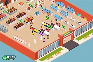 Isometrisk illustration av en butik med människor, kassor, och produkter på hyllor