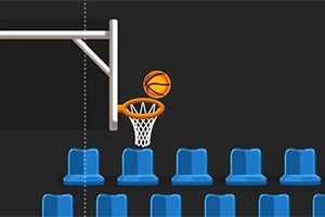 En basketboll är på väg genom en korg framför tomma blå stolar