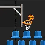 En basketboll är på väg genom en korg framför tomma blå stolar