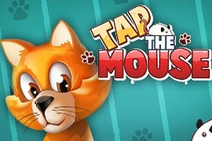 Orange katt med stora ögon bredvid texten Tap the Mouse på en grön bakgrund