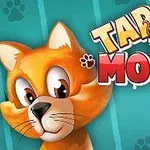 Orange katt med stora ögon bredvid texten Tap the Mouse på en grön bakgrund