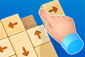 Hand som flyttar en träbricka med pil på ett blått pusselbräde