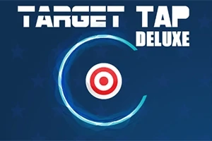 Blå bakgrund med texten TARGET TAP DELUXE och en vit-röd måltavla omgiven av en cirkulär ljuseffekt