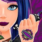 Tecknad kvinna med blått hår, lila läppstift, tatueringar och en tatueringsmaskin på lila bakgrund