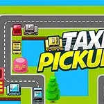 Färgglada tecknade taxibilar och byggnader med texten Taxi Pickup i mitten på en spelbräde-liknande väg