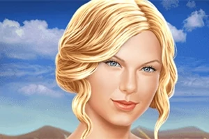 En illustration av en blond kvinna med blå ögon framför en himmel med moln