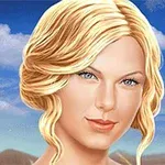 En illustration av en blond kvinna med blå ögon framför en himmel med moln