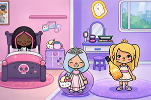 Två tecknade flickor i ett lila sovrum, den ena i säng och den andra med en dryckesflaska, omgivna av leksaker och dekorationer