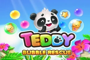 En glad panda omgiven av färgglada bubblor och blommor mot en klarblå himmel