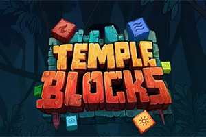 Färgglad titeltext TEMPLE BLOCKS i stora stenliknande bokstäver på en mörk djungelbakgrund med små symbolblock runtom