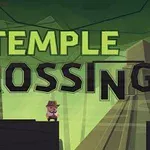 En tecknad figur med hatt står på en plattform framför texten Temple Crossing med en tempelbakgrund