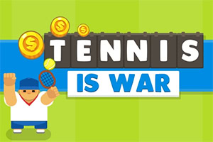 Animerad figur i tenniskläder håller en racket, omgiven av mynt och texten Tennis is War på en färgglad bakgrund