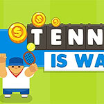 Animerad figur i tenniskläder håller en racket, omgiven av mynt och texten Tennis is War på en färgglad bakgrund
