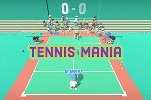 En tecknad tennismatch med spelaren ALMOST som serverar, publik på läktaren och texten TENNIS MANIA över banan