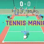 En tecknad tennismatch med spelaren ALMOST som serverar, publik på läktaren och texten TENNIS MANIA över banan