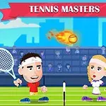 Två tecknade tennisspelare med stora huvuden står på varsin sida av nätet på en grön tennisplan, medan en brinnande tennisboll flyger genom luften under en banderoll med texten Tennis Masters