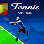 En tennisspelare i vit t-shirt och röd shorts slår en boll på en färgglad tennisbana med texten Tennis Open 2020 ovanför